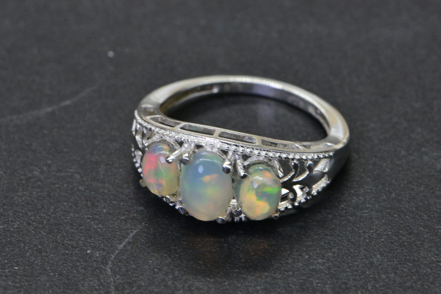 Trilogy Ethiopian Welo Opal Ring Sterling Silver ,October Birthstone, Victorian style ring size 5