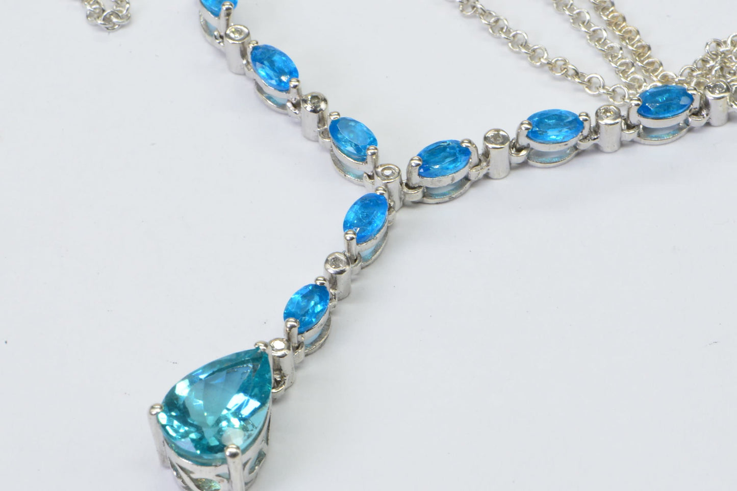 Apatite Diamond Lariat Necklace: Sterling Silver Teardrop Gemstone