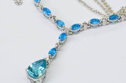 Apatite Diamond Lariat Necklace: Sterling Silver Teardrop Gemstone