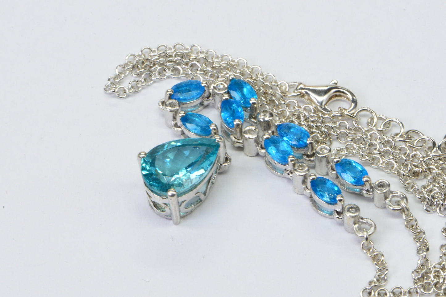 Apatite Diamond Lariat Necklace: Sterling Silver Teardrop Gemstone