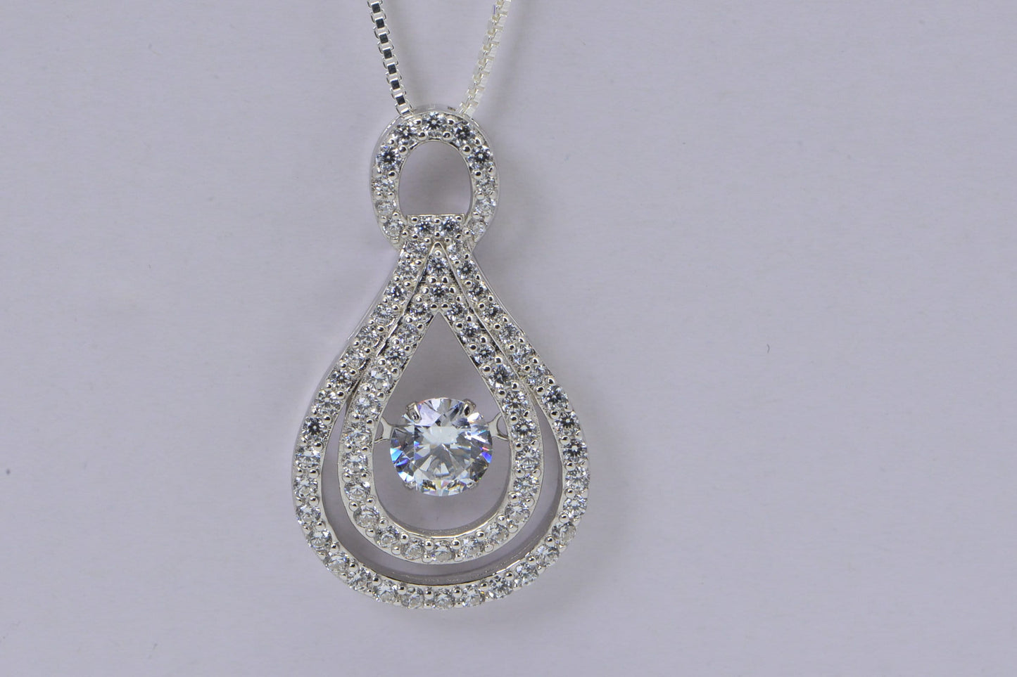 Cubic Zirconia Sterling Silver Double Hoop Pendant Necklace - 18 inch