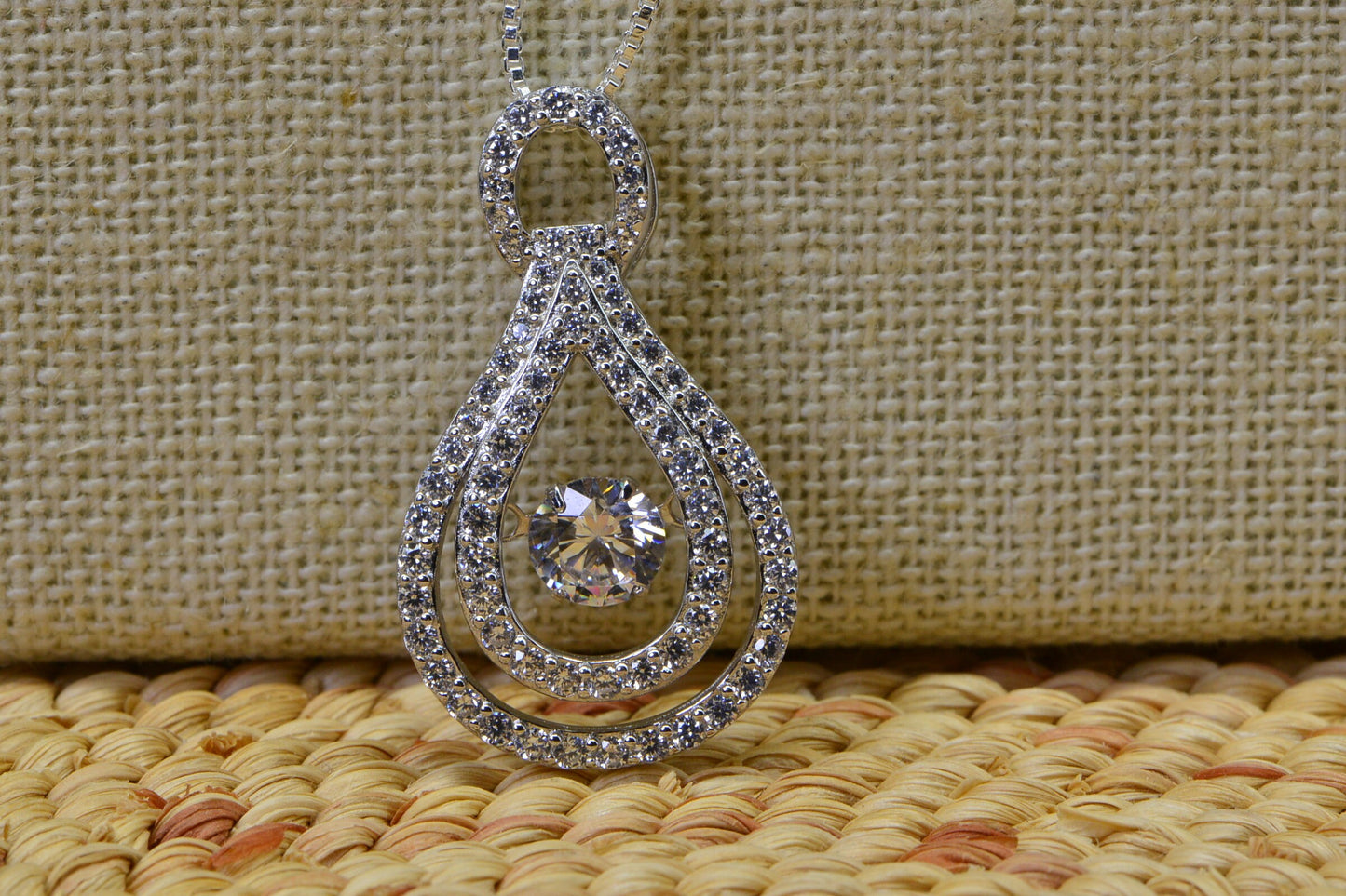 Cubic Zirconia Sterling Silver Double Hoop Pendant Necklace - 18 inch