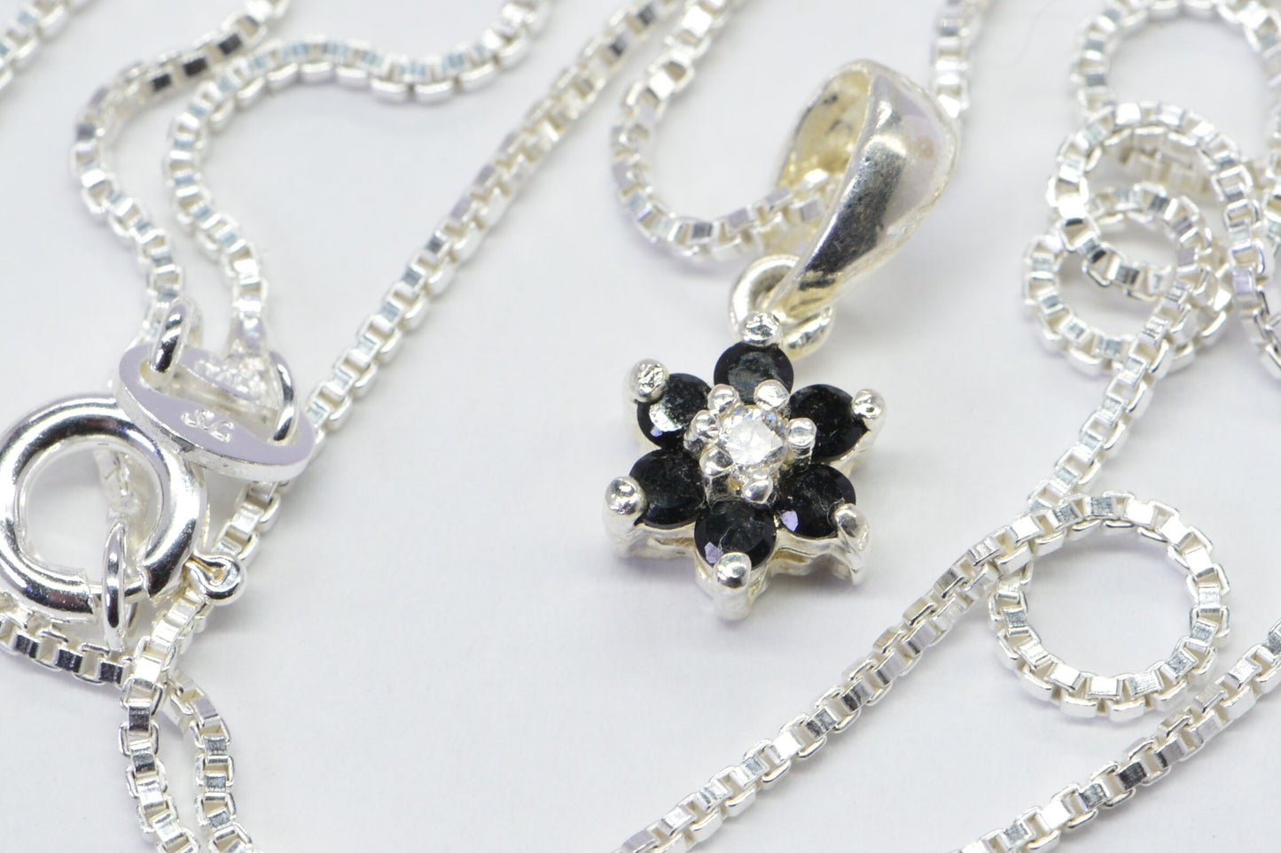 Black Spinel Flower Pendant Necklace: Sterling Silver Petite Jewelry