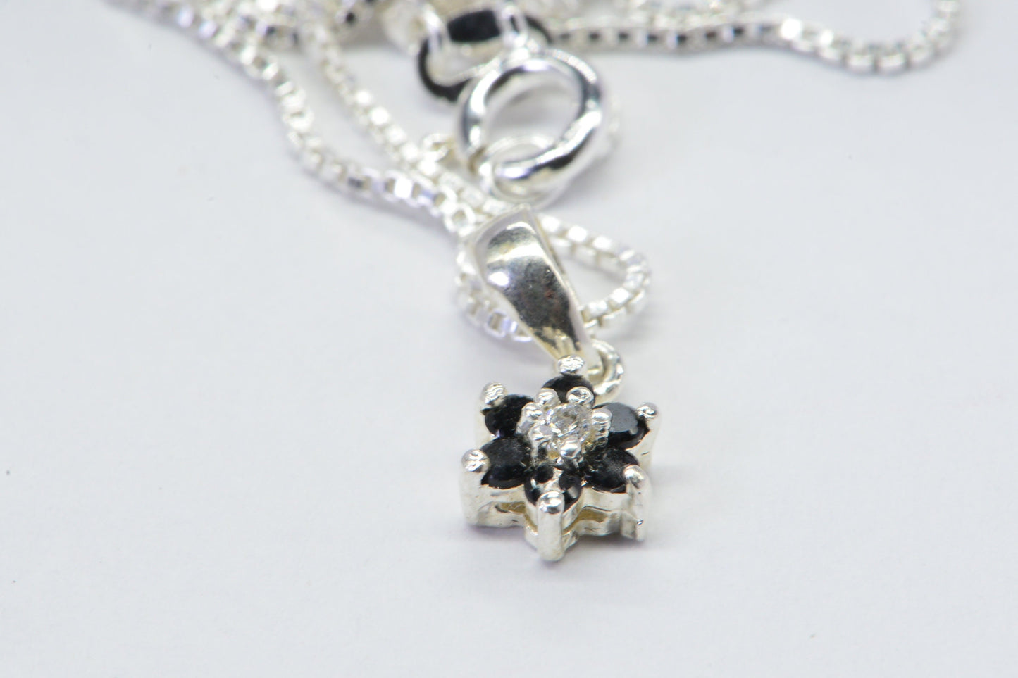 Black Spinel Flower Pendant Necklace: Sterling Silver Petite Jewelry