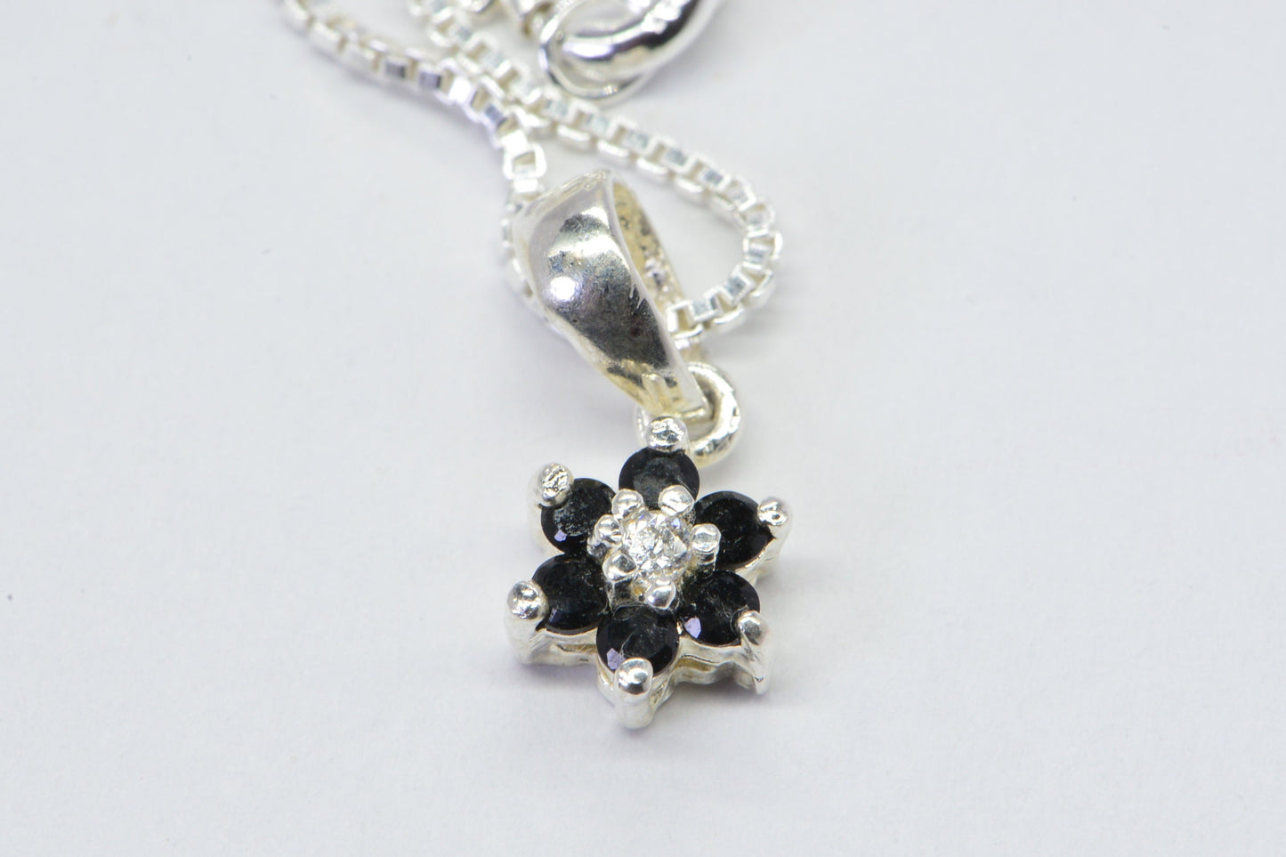 Black Spinel Flower Pendant Necklace: Sterling Silver Petite Jewelry