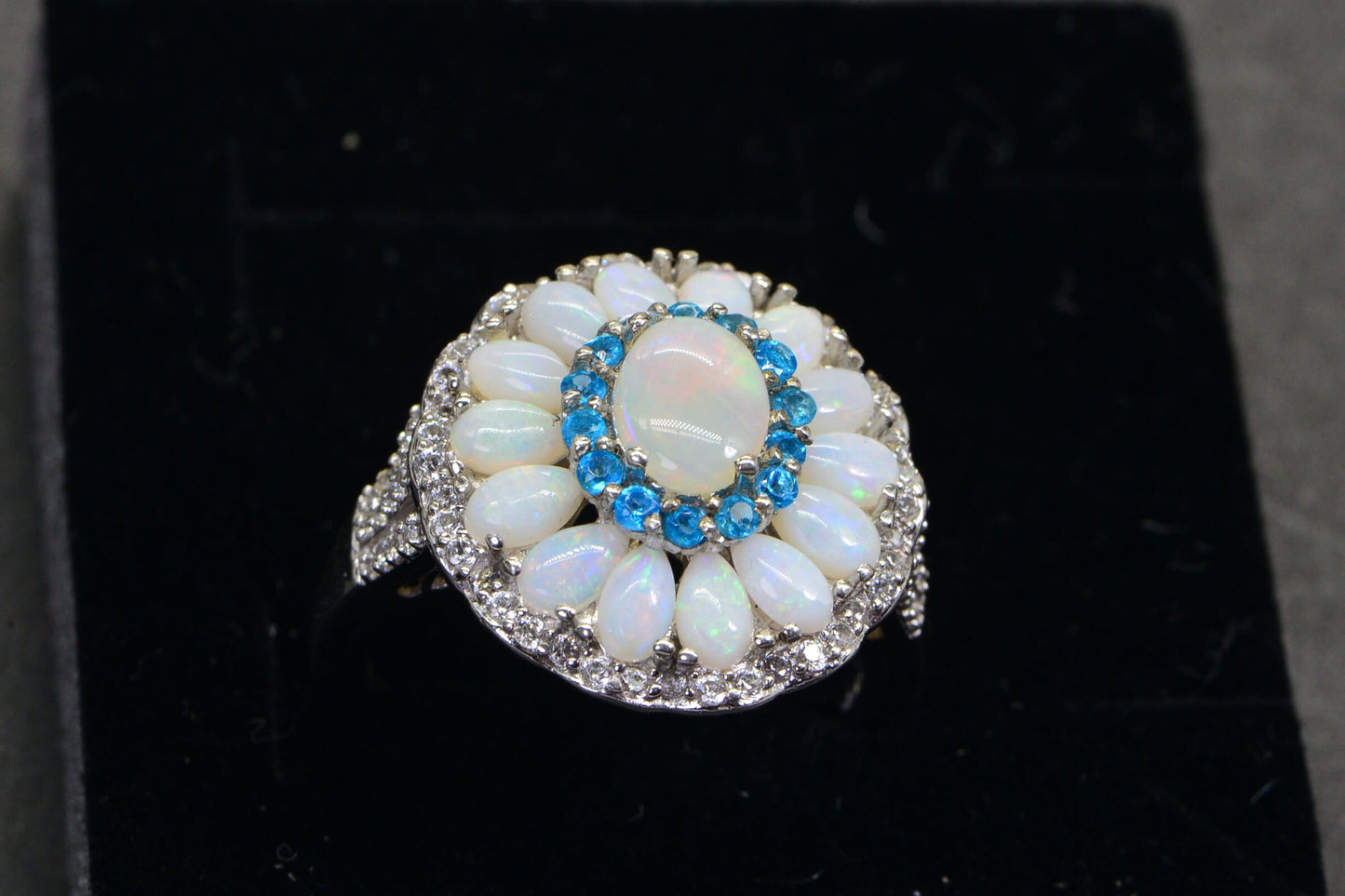 Australian Opal Flower Ring: Sterling Silver, Neon Apatite Halo