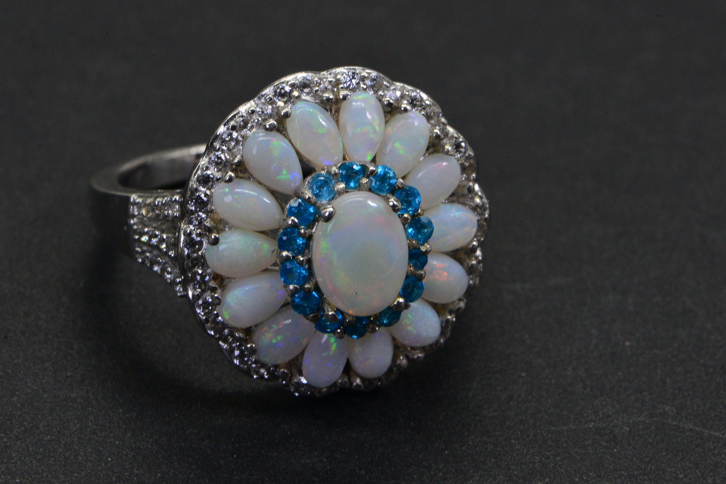 Australian Opal Flower Ring: Sterling Silver, Neon Apatite Halo