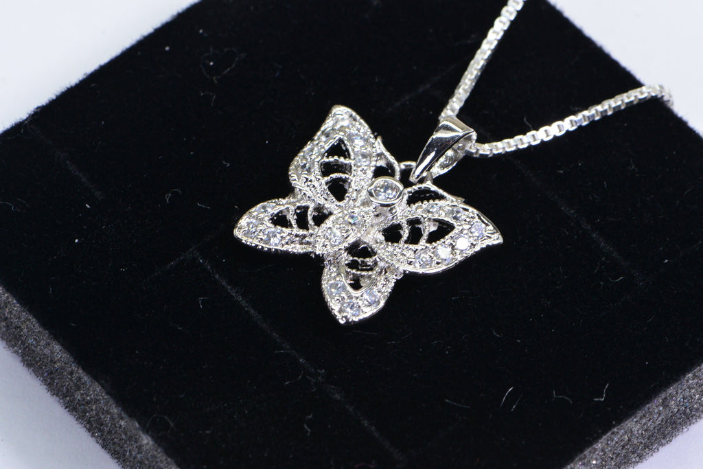 Brilliant  Butterfly Diamond Pendant Necklace sterling Silver Vintage Pendant
