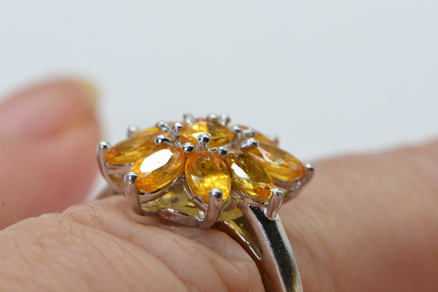Citrine Flower Ring: Oval Prong Set Sterling Silver Birthstone