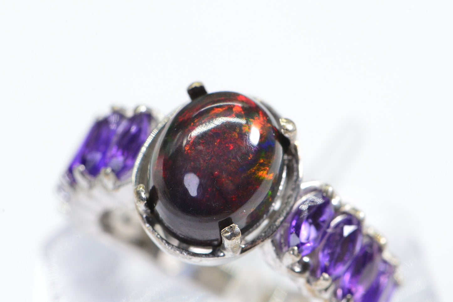 Ethiopian  Black Opal  Amethyst Ring Rhodium over Sterling Silver Birthstone October