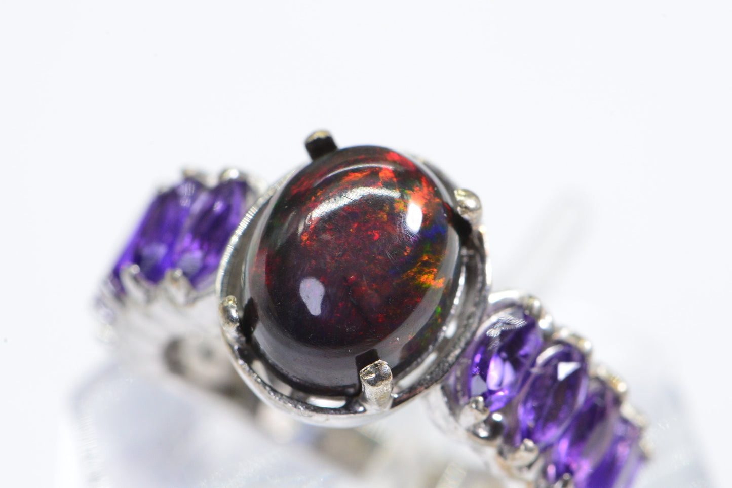 Ethiopian  Black Opal  Amethyst Ring Rhodium over Sterling Silver Birthstone October