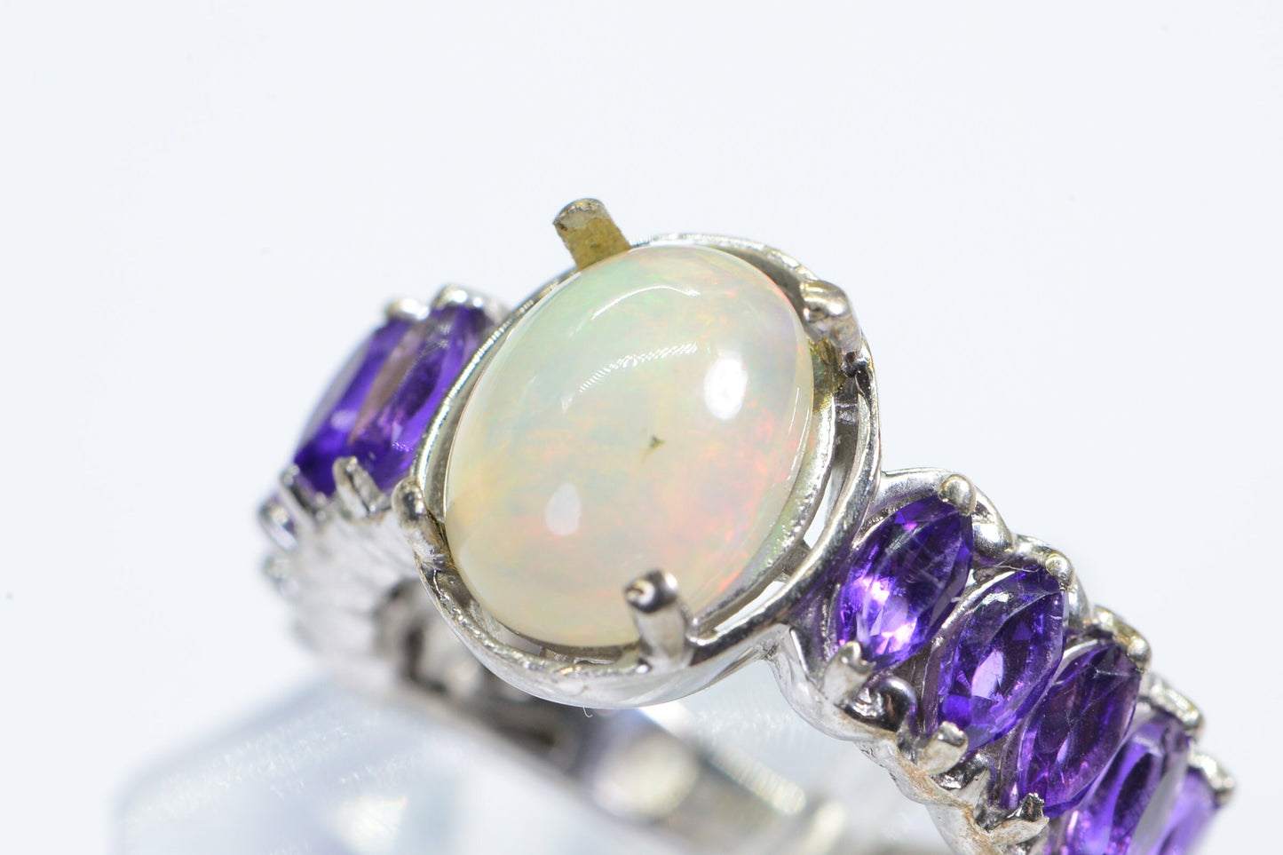 Ethiopian  Black Opal  Amethyst Ring Rhodium over Sterling Silver Birthstone October