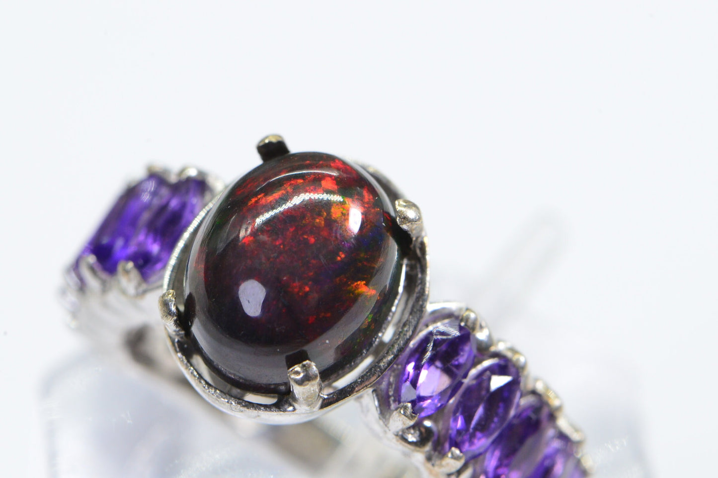 Ethiopian  Black Opal  Amethyst Ring Rhodium over Sterling Silver Birthstone October