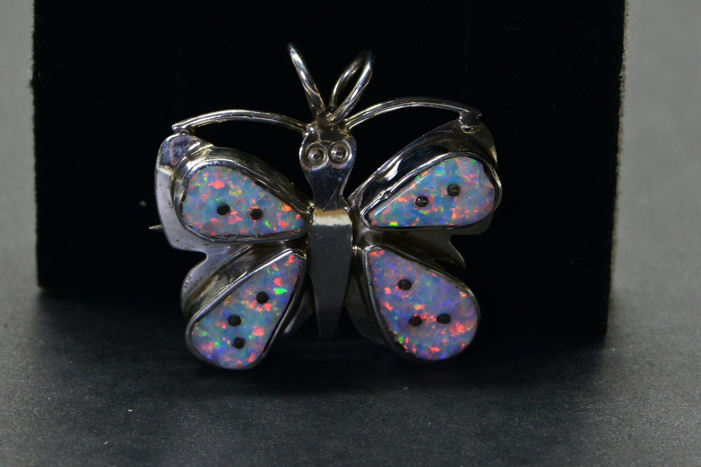 Vintage Navajo Nel J. Sterling Bright Lab Created Opal Butterfly Brooch Pendant