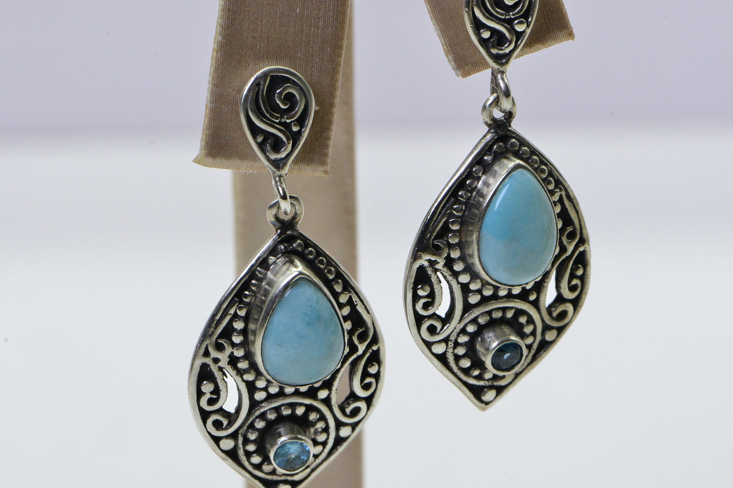Larimar Patina Sterling Silver Long Leafs Teardrop Stud Earrings Filigree Multi Stone Earrings