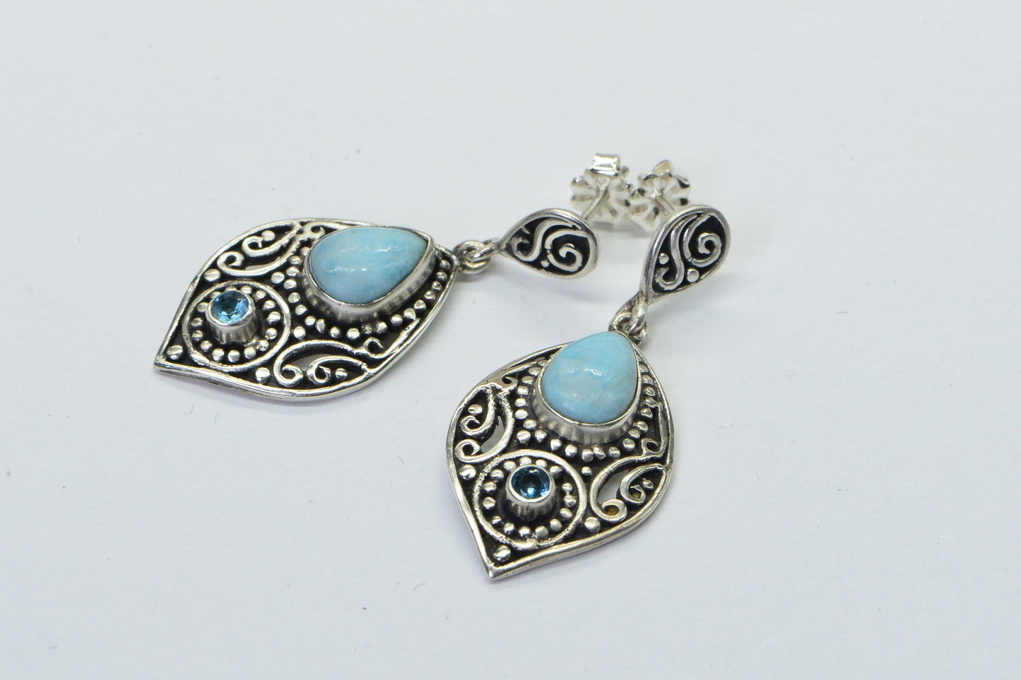 Larimar Patina Sterling Silver Long Leafs Teardrop Stud Earrings Filigree Multi Stone Earrings