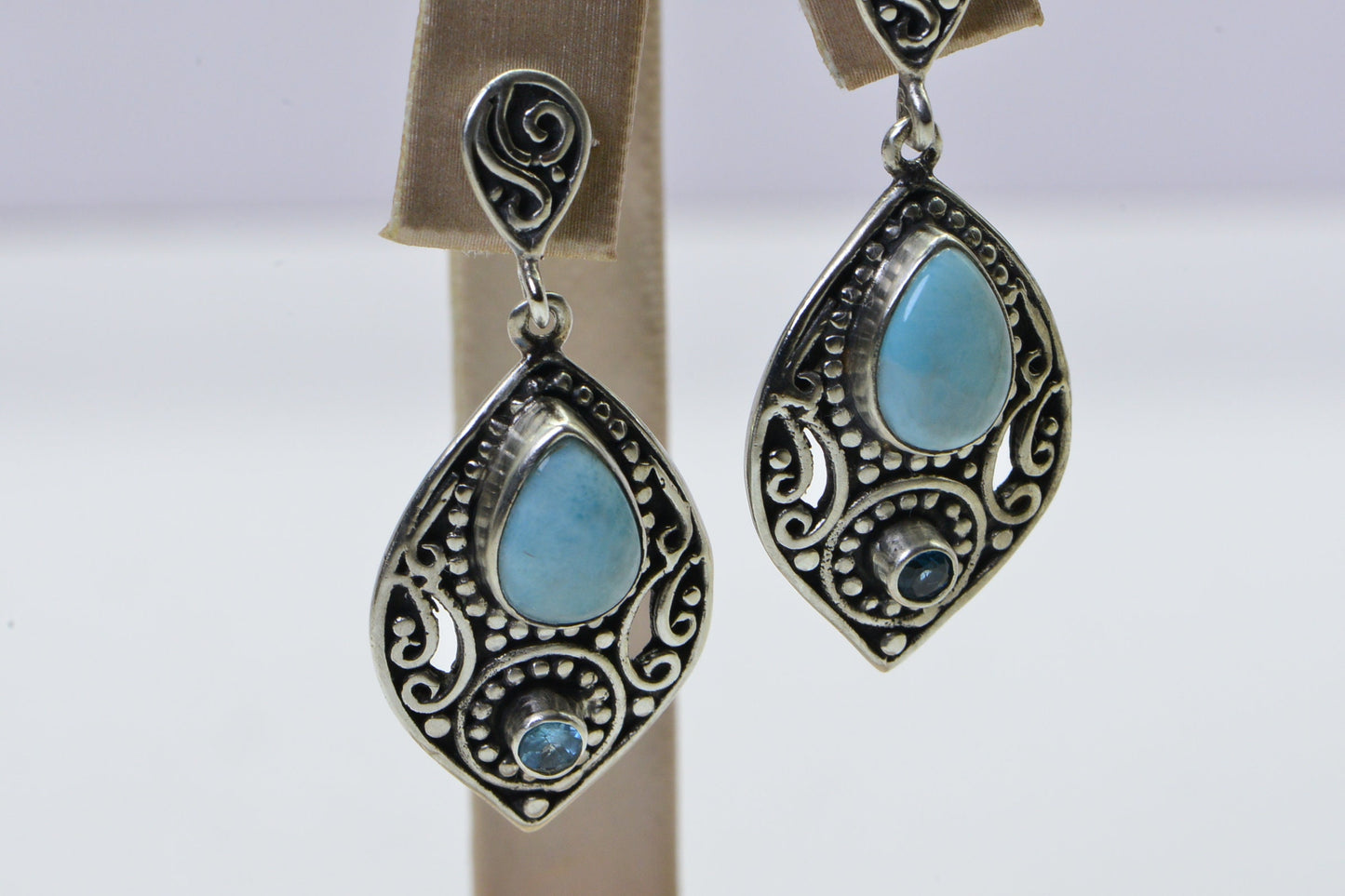 Larimar Patina Sterling Silver Long Leafs Teardrop Stud Earrings Filigree Multi Stone Earrings