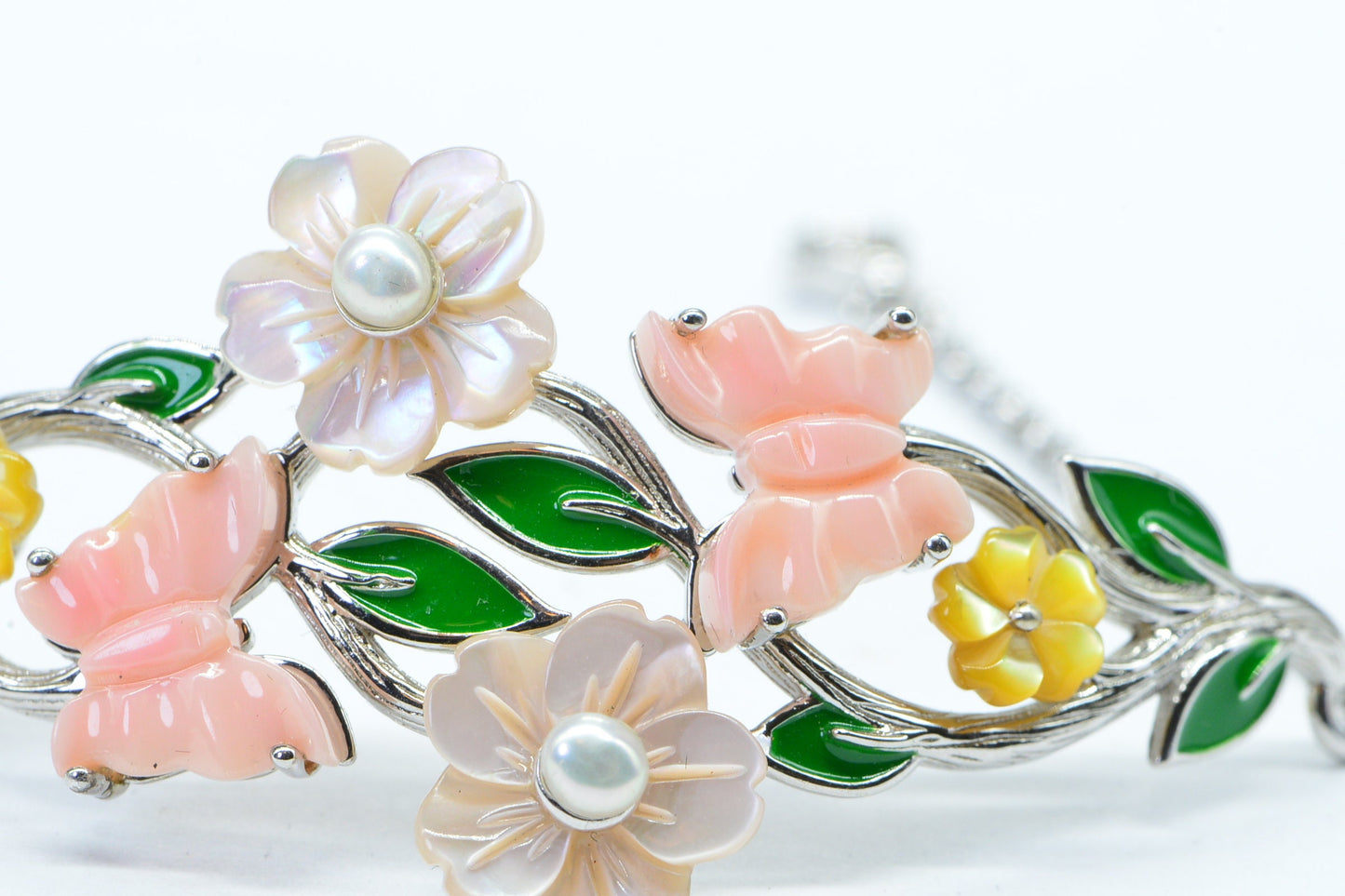 Butterfly Flower Pearl Bracelet: Enamel Sterling Silver Link Bracelet