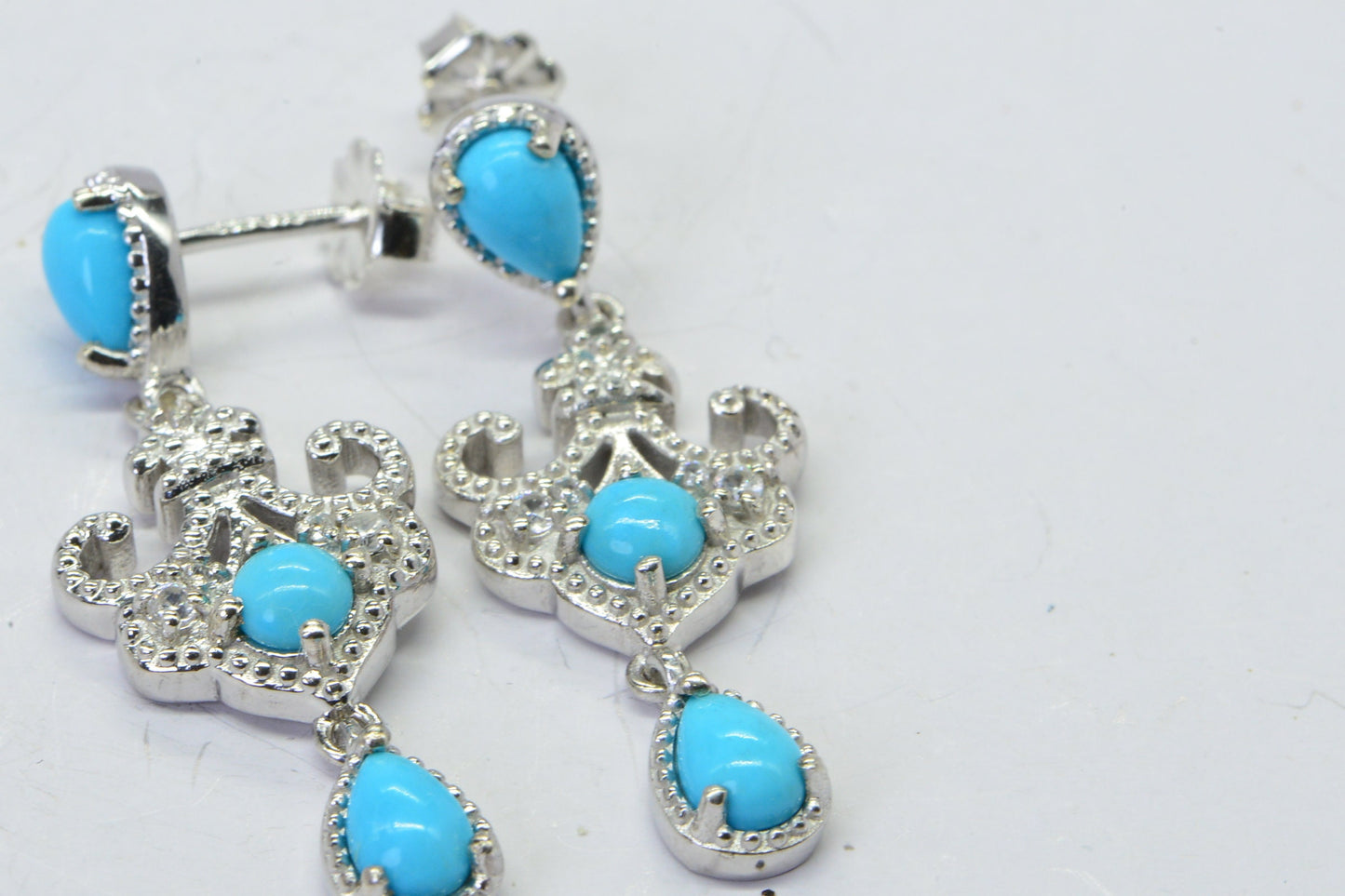 Arizona Turquoise Sleeping Beauty Stud Dangle Earrings Fancy  Design Earrings Sterling Silver Simulated Diamond