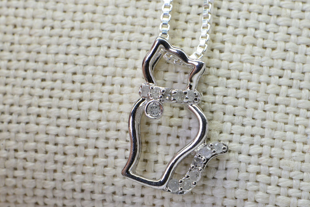 Diamond Cat Pendant: Vintage Sterling Silver Kitty Necklace