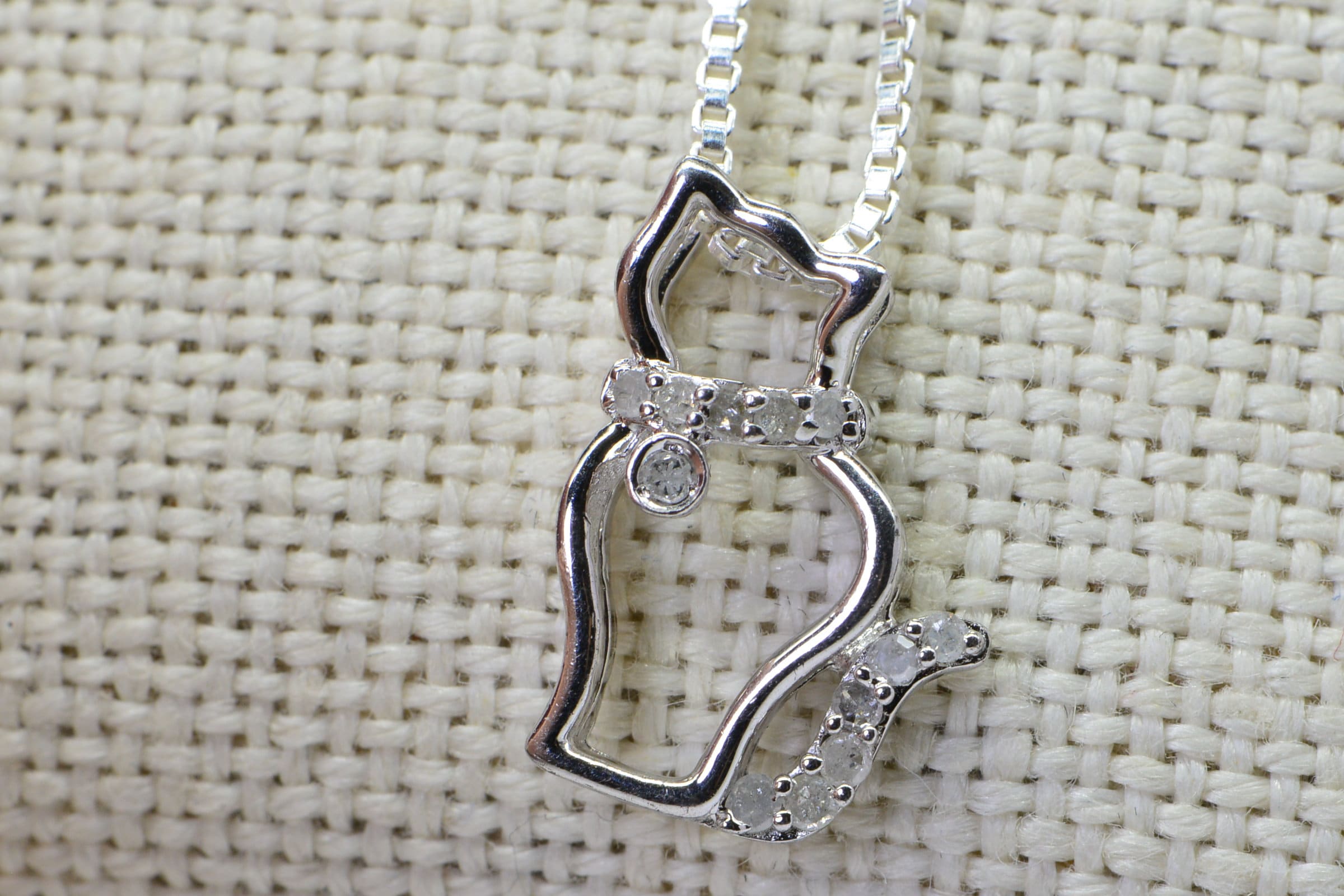 Diamond Cat Pendant: Vintage Sterling Silver Kitty Necklace