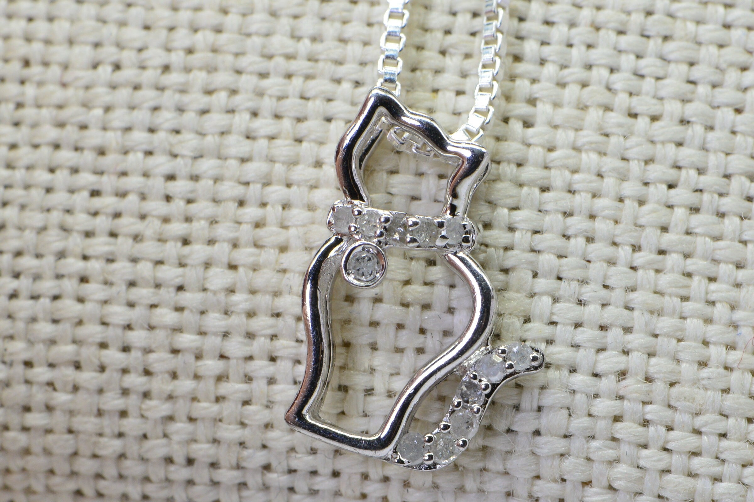 Diamond Cat Pendant: Vintage Sterling Silver Kitty Necklace