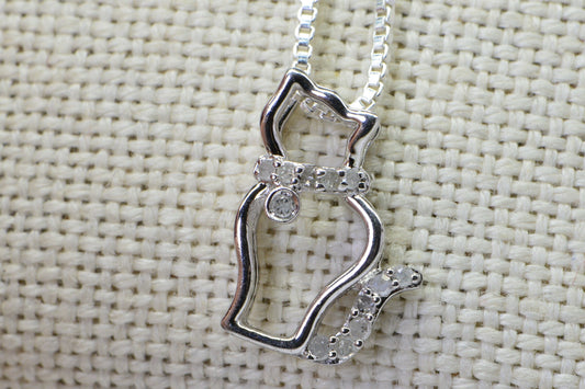 Diamond Cat Pendant: Vintage Sterling Silver Kitty Necklace