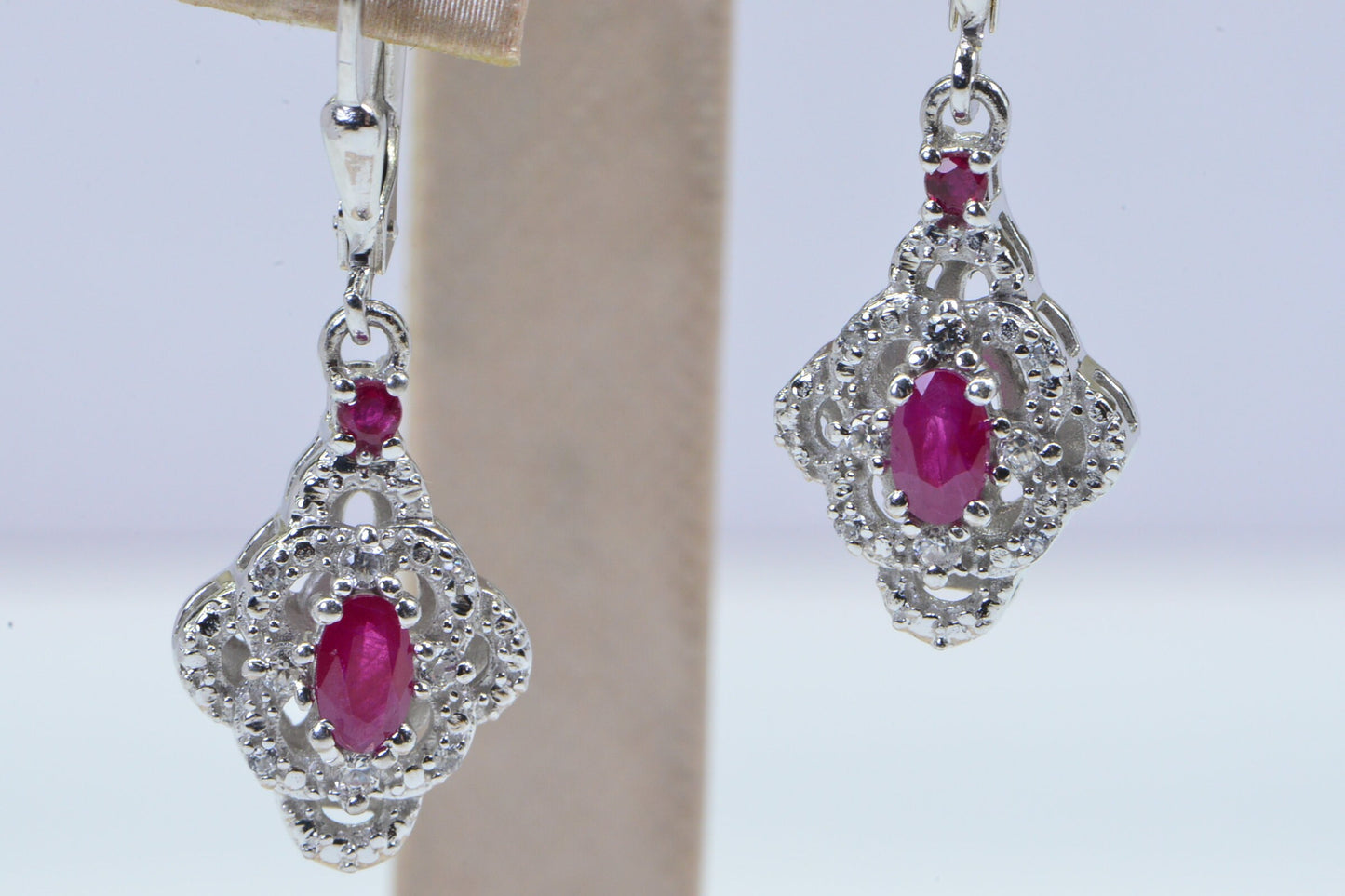 Natural Ruby Diamond Accent Drop Dangle   Earrings Sterling Silver Birthstone July