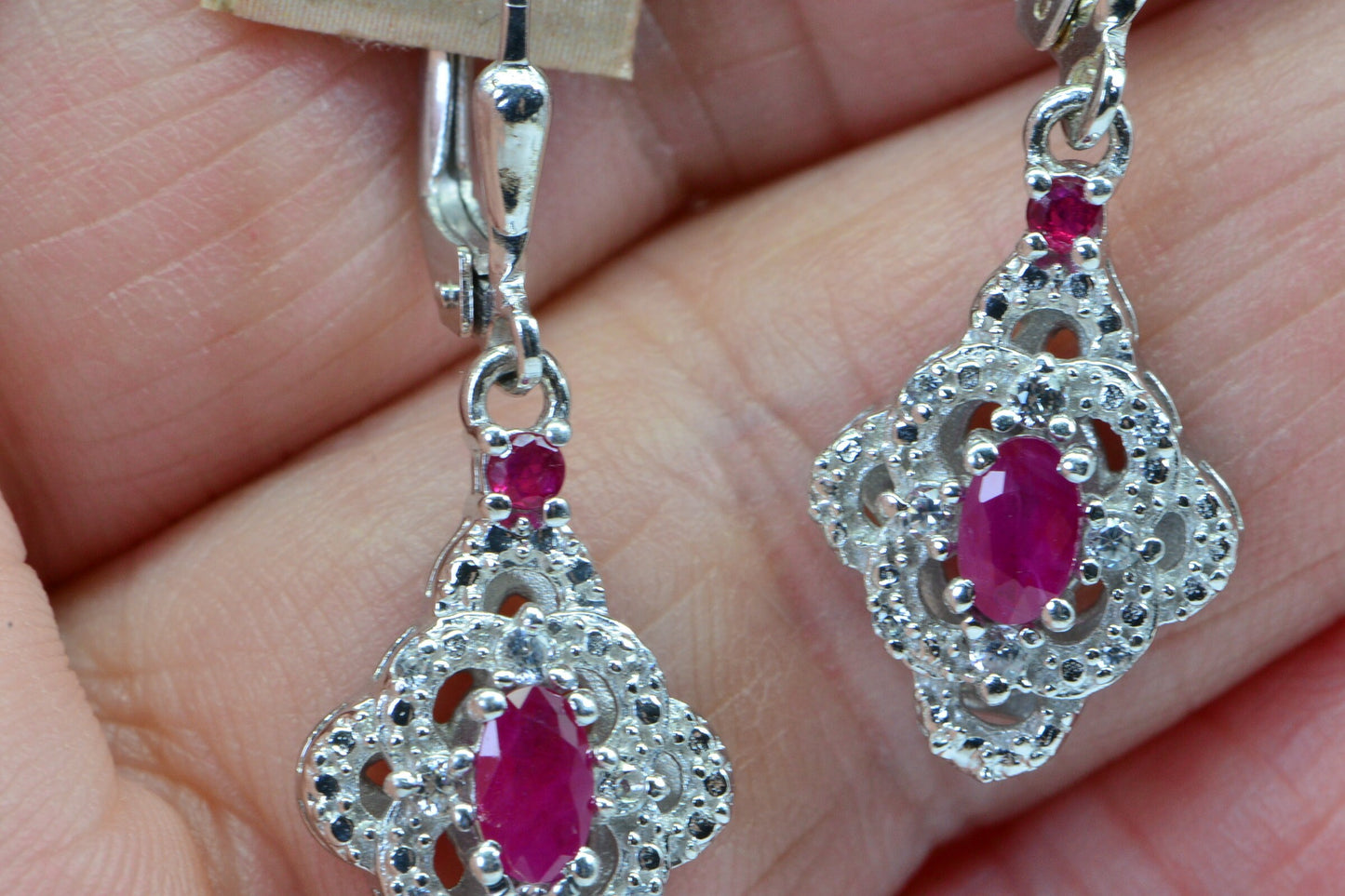 Natural Ruby Diamond Accent Drop Dangle   Earrings Sterling Silver Birthstone July