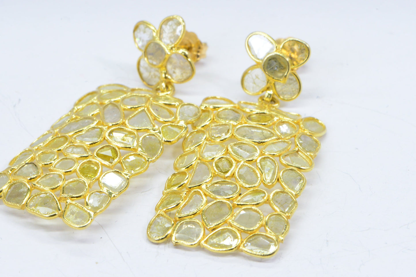 Polki Diamond Earrings: 14K Gold Plated Sterling Silver Flower Studs