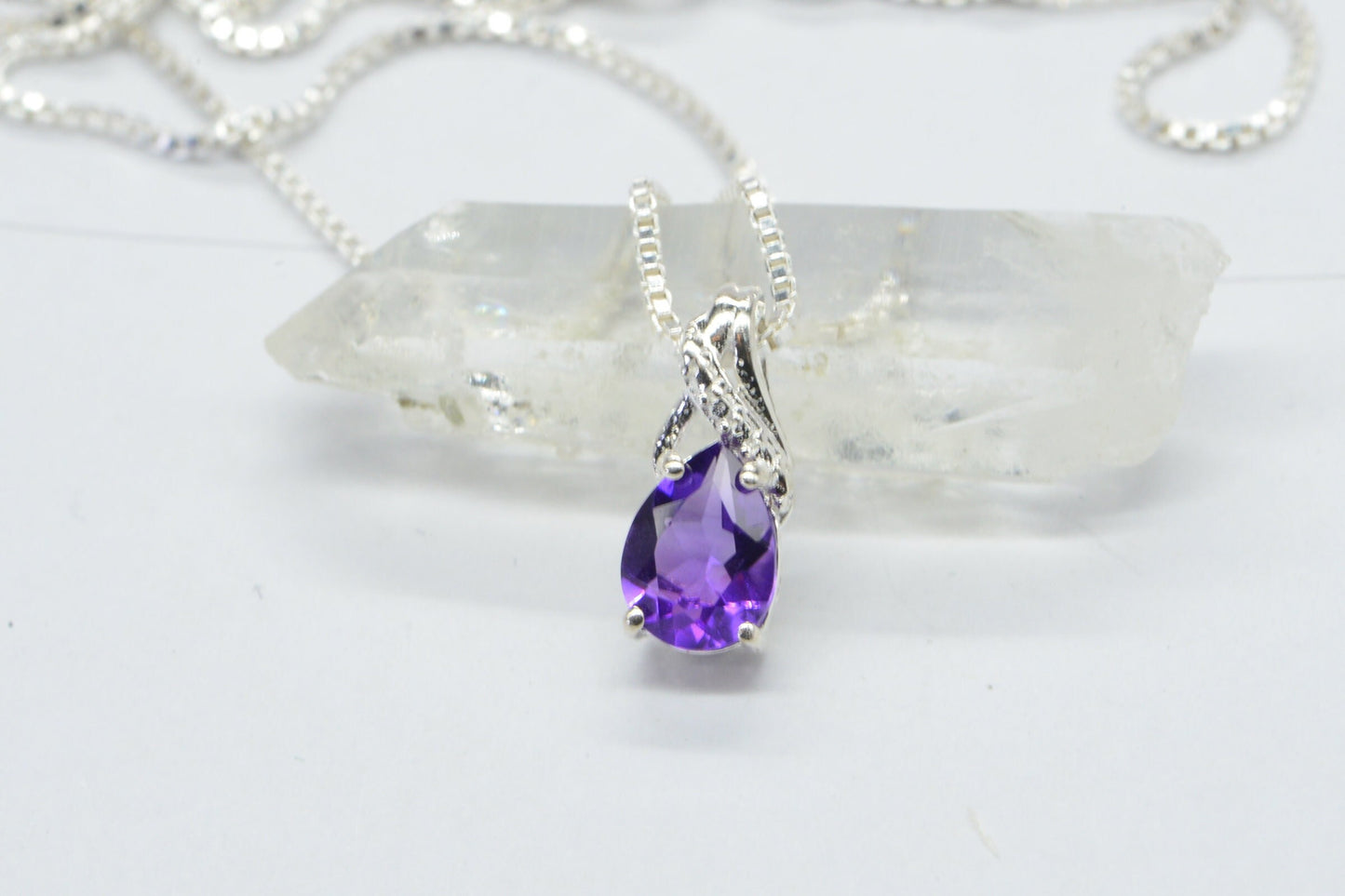 Dainty Amethyst Pear Cut Pendant, Sterling Silver February Birthstone