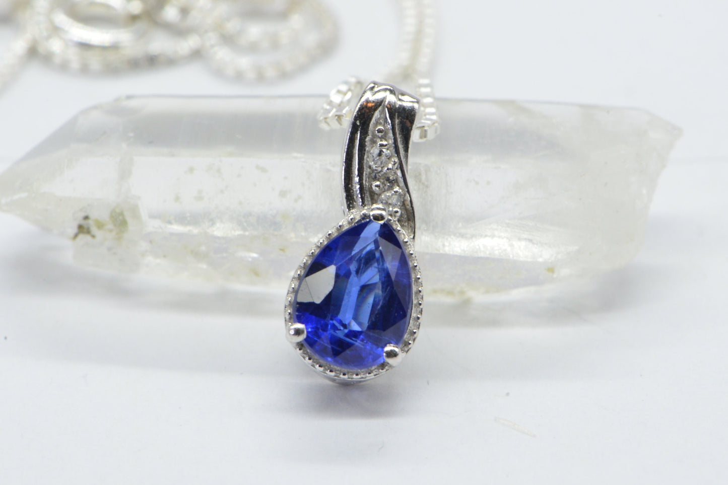 Lab Sapphire Pear Pendant: Illusion Diamond Halo, Sterling Silver