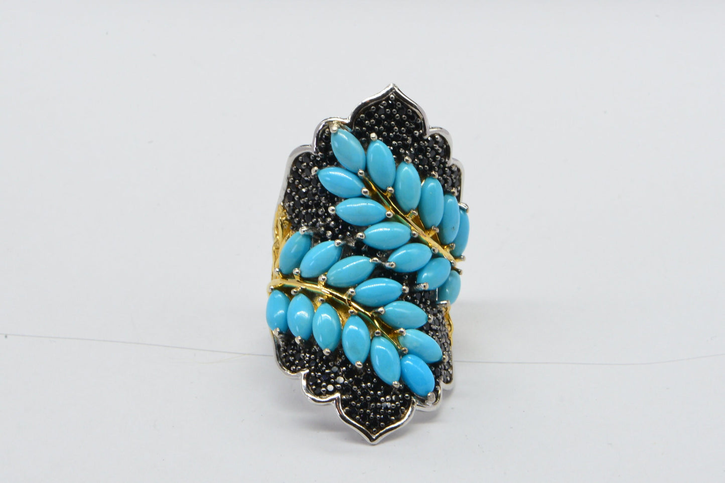 Arizona Turquoise & Black Spinel Cluster Ring, 14K Gold Over Sterling Silver