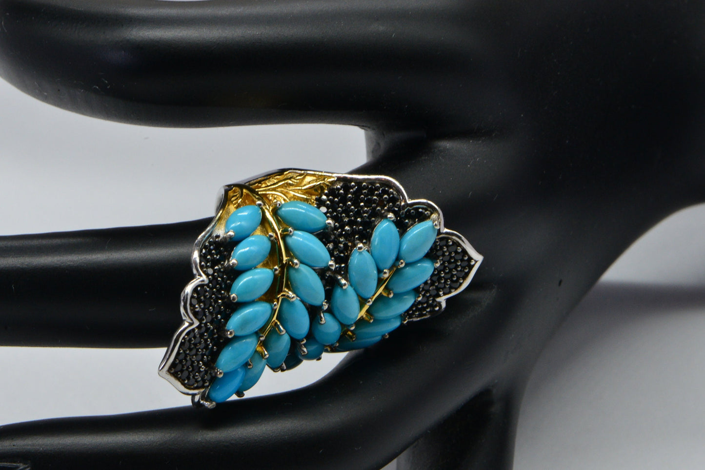 Arizona Turquoise & Black Spinel Cluster Ring, 14K Gold Over Sterling Silver