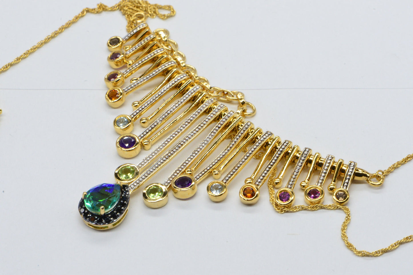 Peacock Quartz Lariat Necklace: Multi Stone 14K Gold Vermeil Fringe