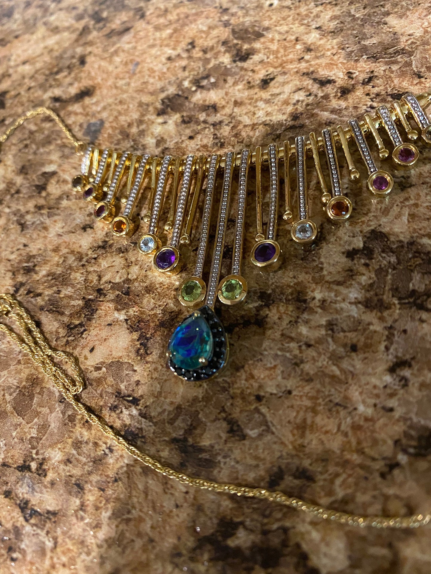 Peacock Quartz Lariat Necklace: Multi Stone 14K Gold Vermeil Fringe