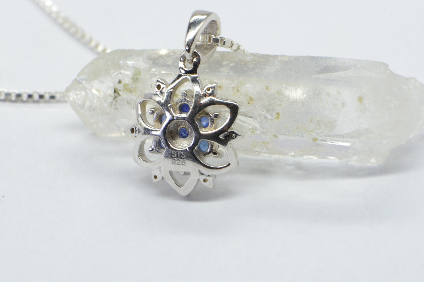 Genuine Sapphire Diamond Accent Flower Design Pendant Sterling Silver