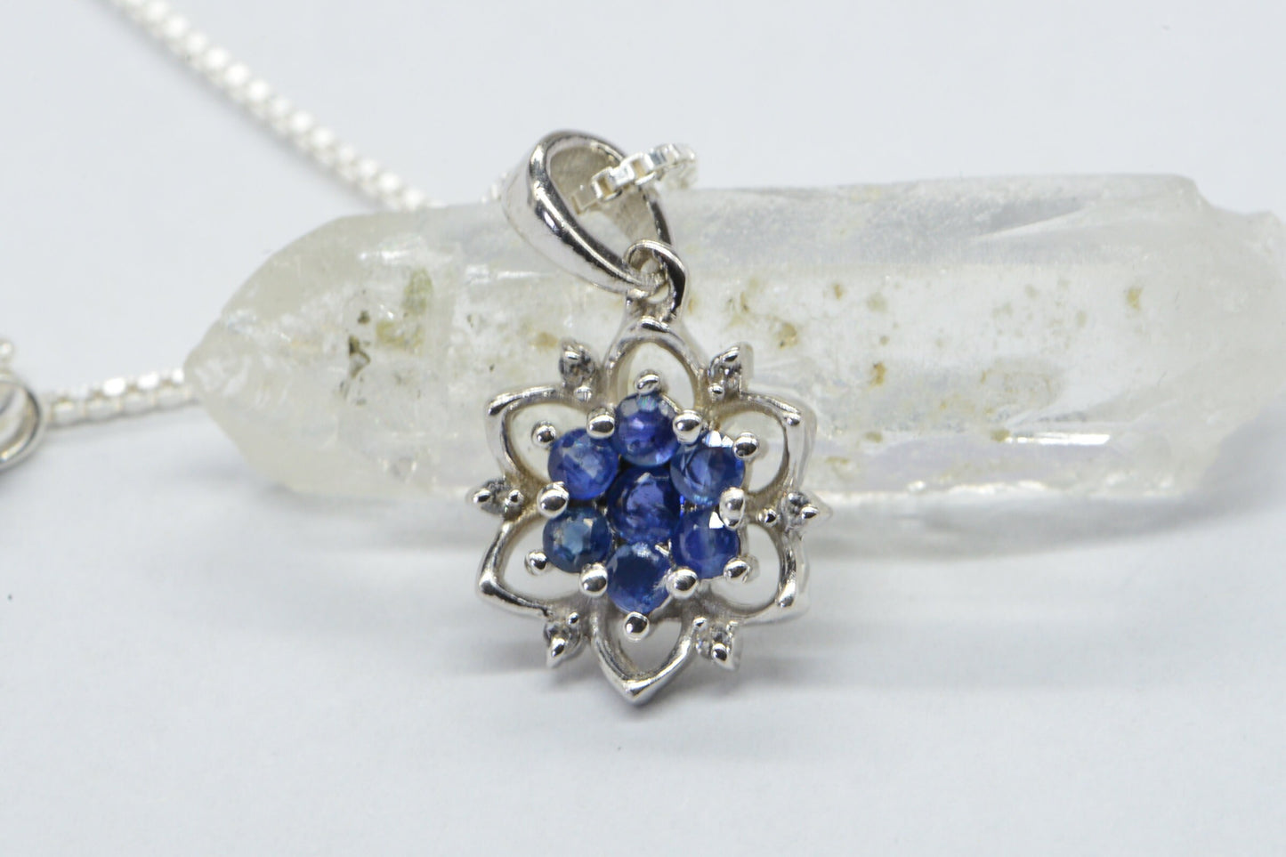 Genuine Sapphire Diamond Accent Flower Design Pendant Sterling Silver