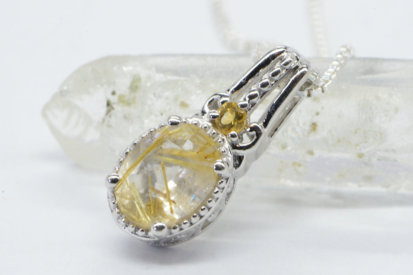 Golden Rutilated Quartz and Citrine  Sterling Silver  Pendant Necklace Extra Small Pendant
