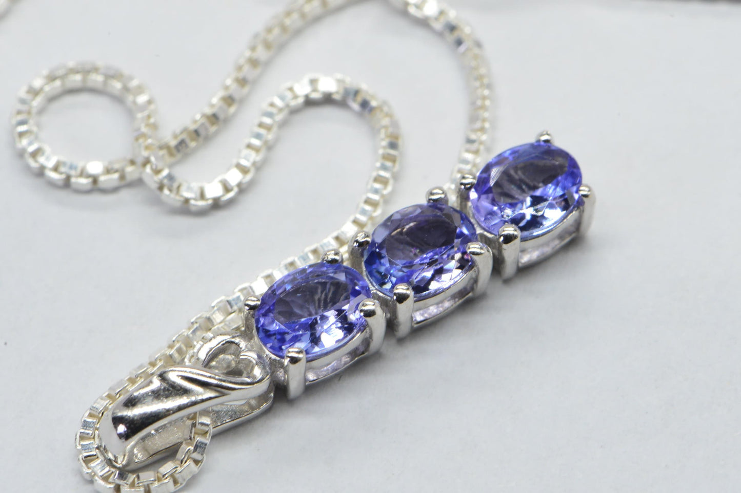 Tanzanite Three Stone Stick Pendant  Sterling silver Necklace 18 inch