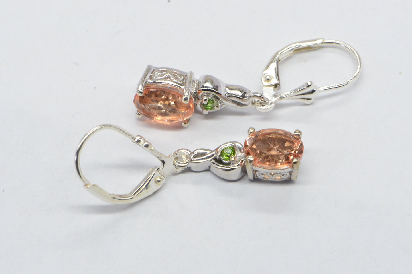 Pink Morganite Teardrop Earrings, Chrome Diopside, Sterling Silver