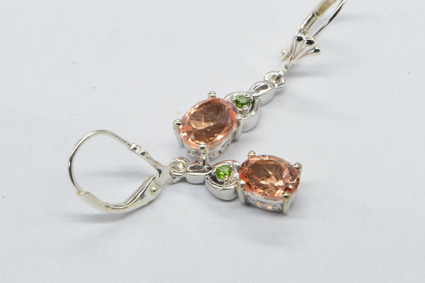Pink Morganite Teardrop Earrings, Chrome Diopside, Sterling Silver