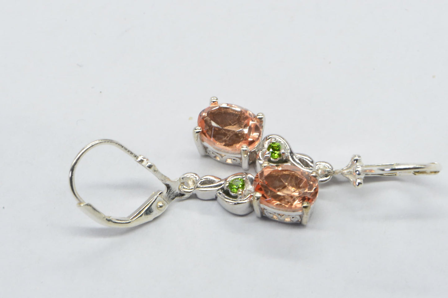 Pink Morganite Teardrop Earrings, Chrome Diopside, Sterling Silver