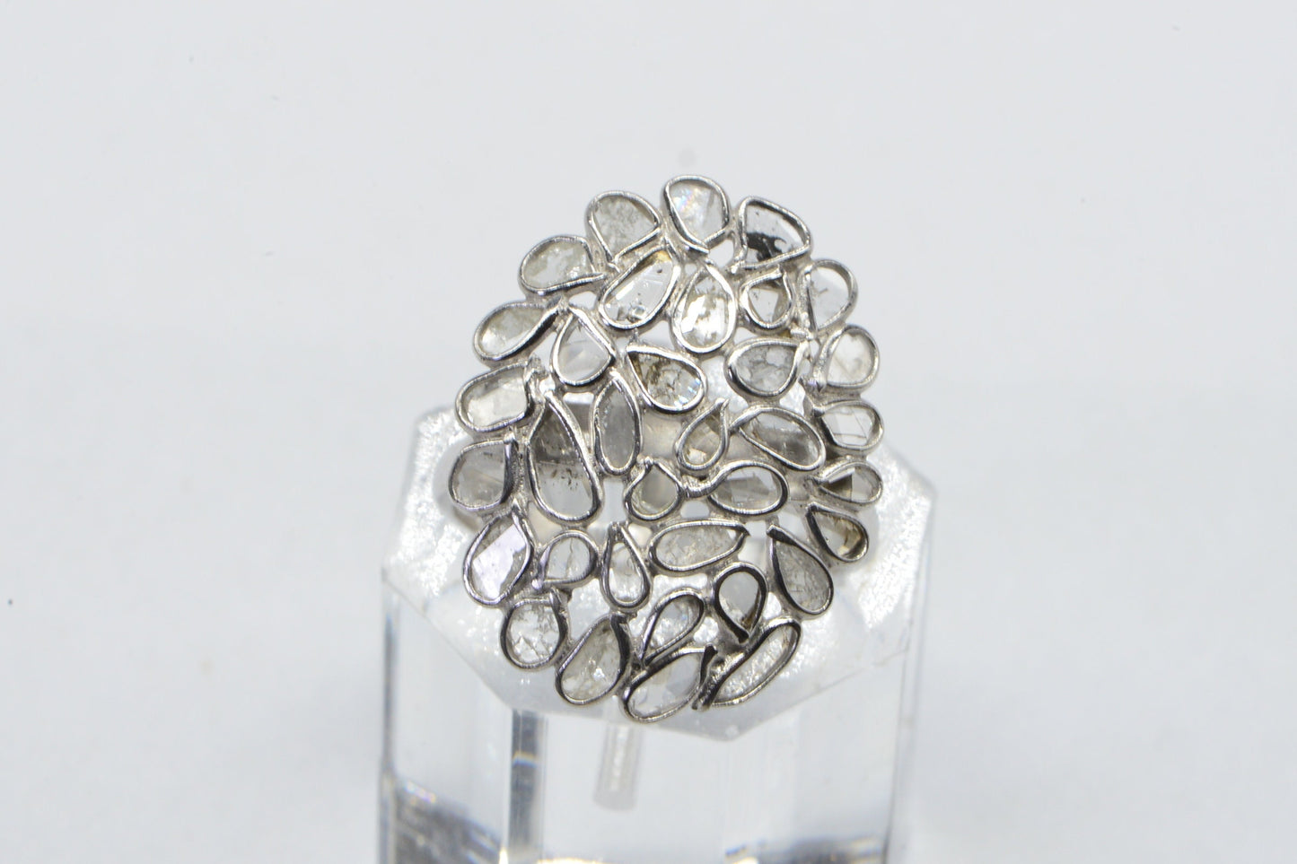 Polki Diamond Sterling Silver Ring - Vintage Multi Stone Ring, Size 8