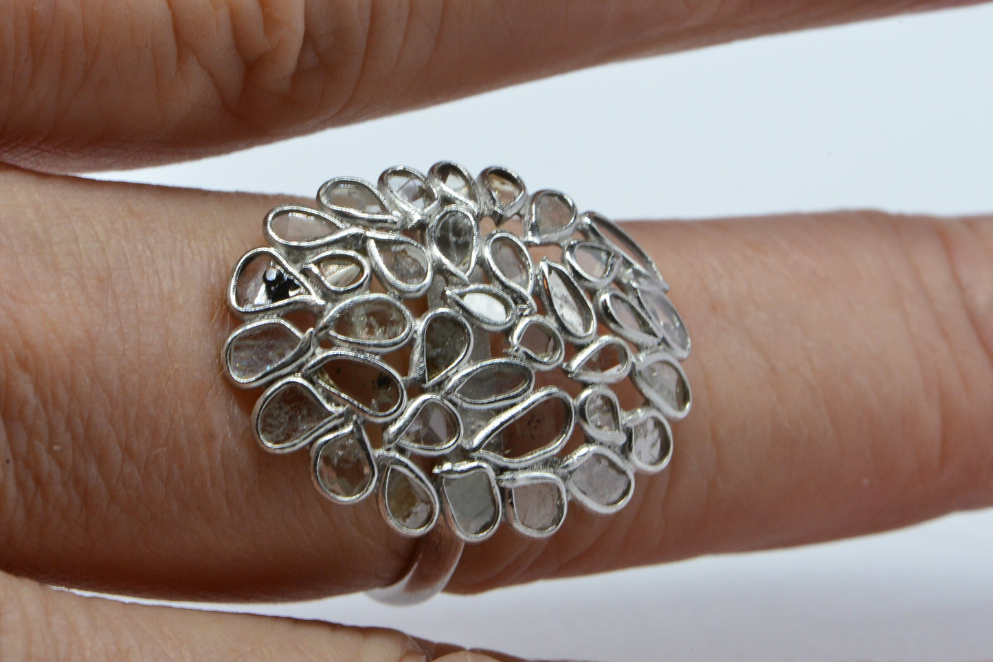 Polki Diamond Sterling Silver Ring - Vintage Multi Stone Ring, Size 8