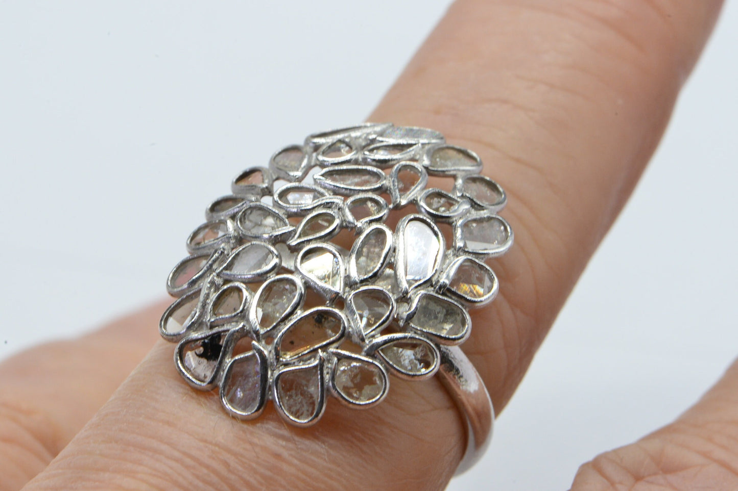 Polki Diamond Sterling Silver Ring - Vintage Multi Stone Ring, Size 8