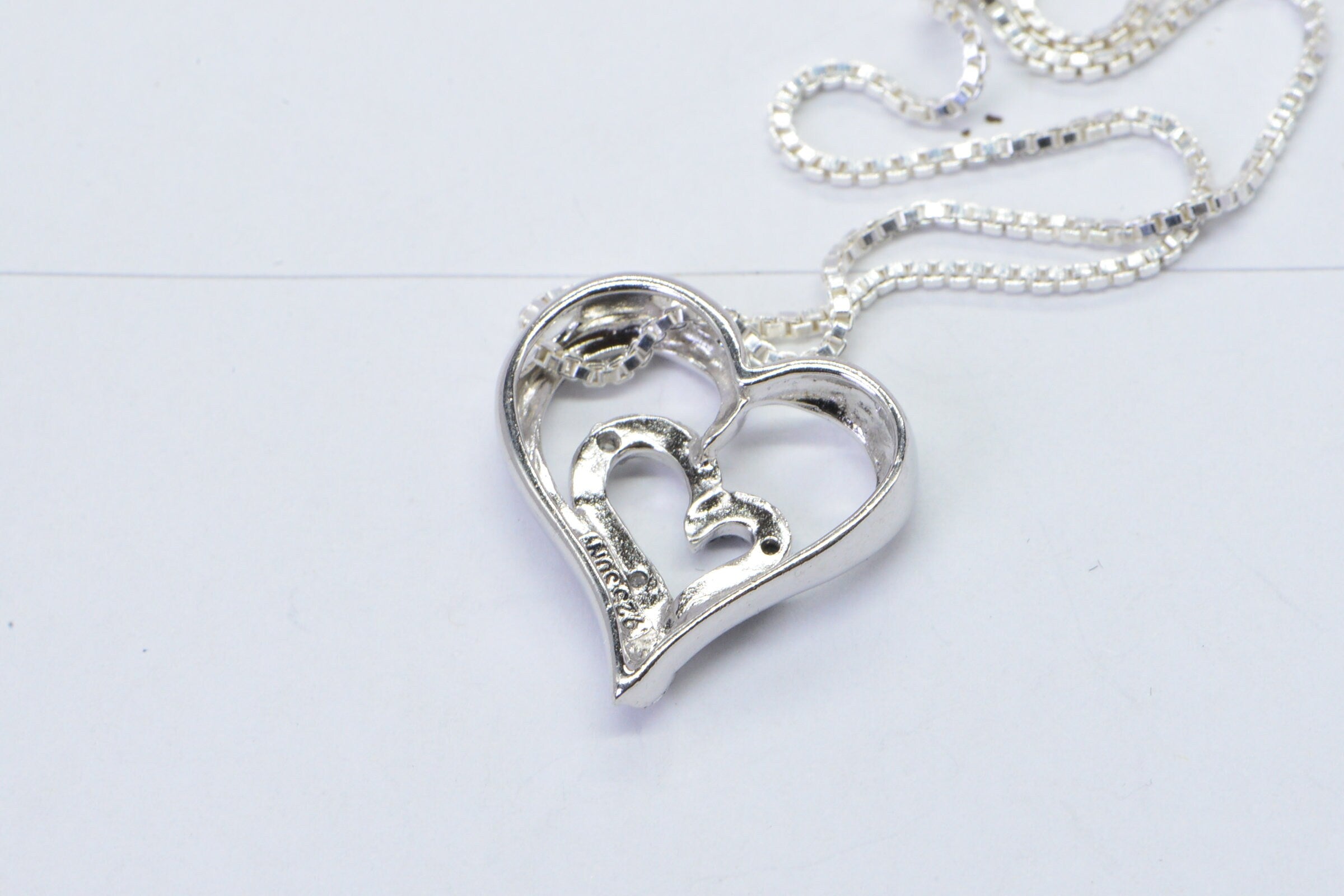 Diamond Double Heart Pendant: Sterling Silver Twisted Necklace