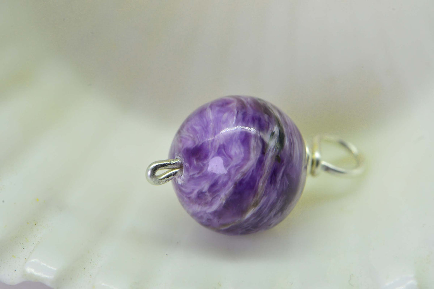 Russian Charoite  Charm Pendant  9 mm Wire Wrapped In Sterling Silver
