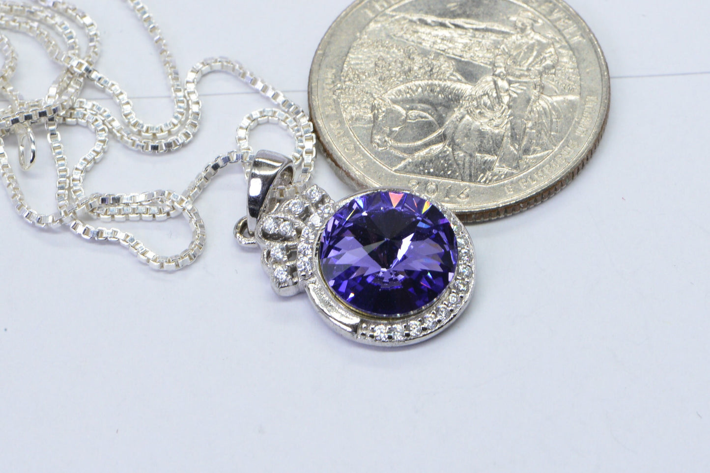 Amethyst Round Pendant Diamond Accent Sparkly Silver Necklace Swarovski Crystal Purple Pendant