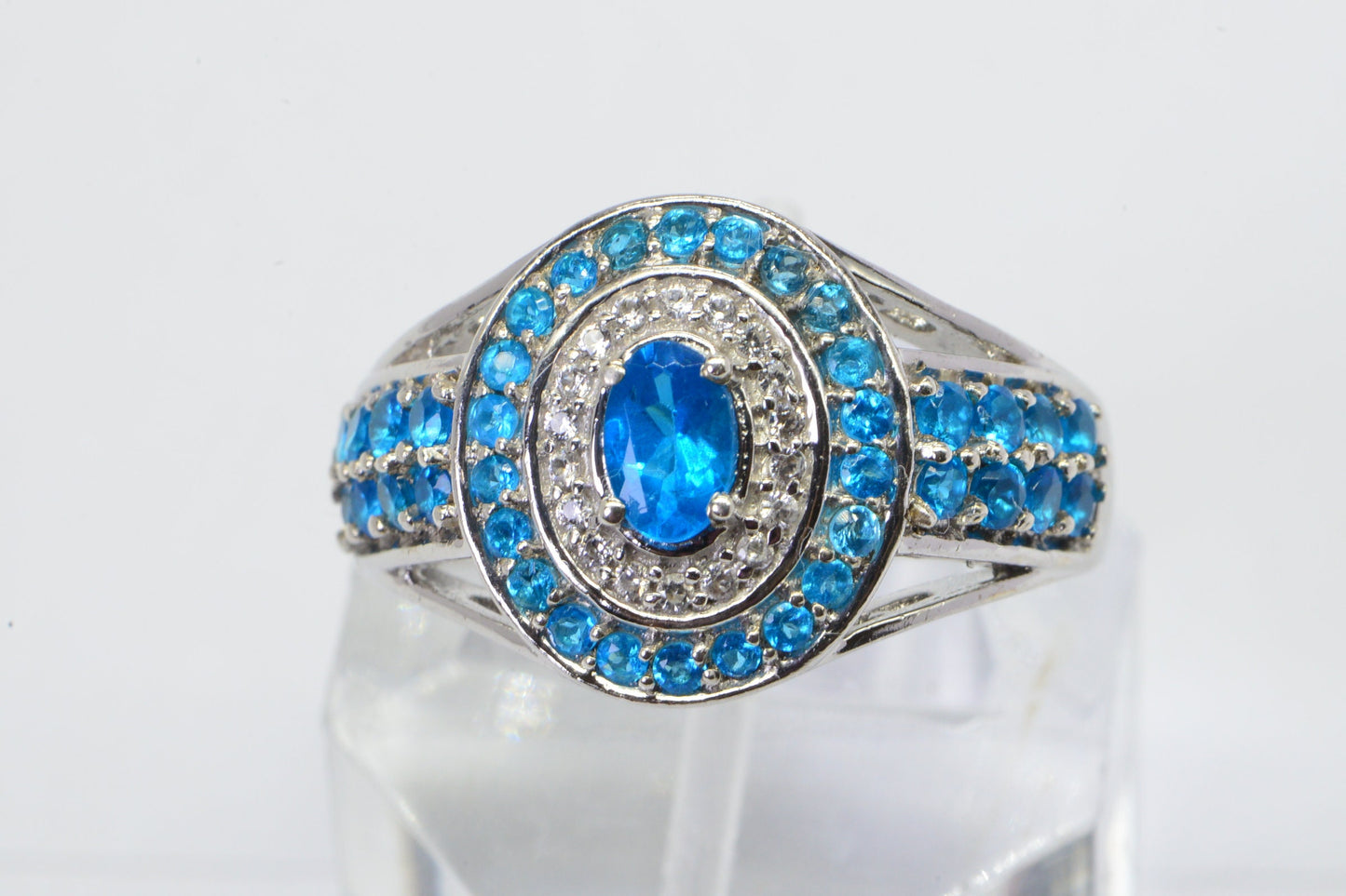 Neon Apatite Sterling Silver Ring, Double Halo Cluster - March Birthstone